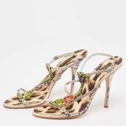 Roberto Cavalli Cream/Blue Python Embossed Leather Embellished Slingback Sandals Size 39