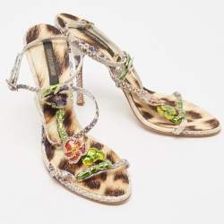 Roberto Cavalli Cream/Blue Python Embossed Leather Embellished Slingback Sandals Size 39