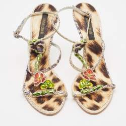 Roberto Cavalli Cream/Blue Python Embossed Leather Embellished Slingback Sandals Size 39