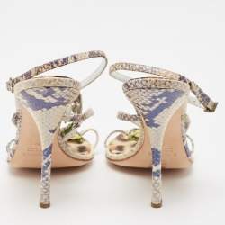 Roberto Cavalli Cream/Blue Python Embossed Leather Embellished Slingback Sandals Size 39