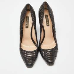 Roberto Cavalli Black/Gold Watersnake Leather Block Heel Pumps Size 39