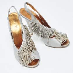 Roberto Cavalli Silver Leather Slingback Fringe Detail Peep Toe Sandals Size 37