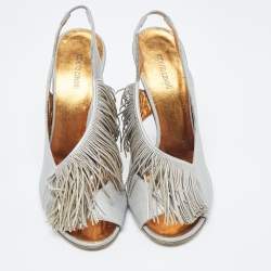 Roberto Cavalli Silver Leather Slingback Fringe Detail Peep Toe Sandals Size 37