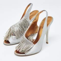 Roberto Cavalli Silver Leather Slingback Fringe Detail Peep Toe Sandals Size 37