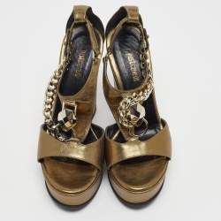 Just Cavalli  Metallic Gold Leather Wedge Ankle Strap Sandals Size 38