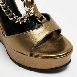 Just Cavalli  Metallic Gold Leather Wedge Ankle Strap Sandals Size 38