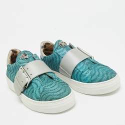 Roberto Cavalli Blue/Grey Leather Buckle Sneakers 35