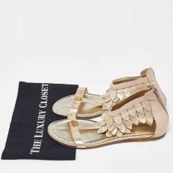 Pre Owned Roberto Cavalli Beige/Gold Leather T-Strap Ankle Cuff Flat Sandals Size 40