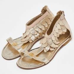 Pre Owned Roberto Cavalli Beige/Gold Leather T-Strap Ankle Cuff Flat Sandals Size 40