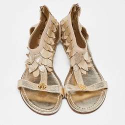 Pre Owned Roberto Cavalli Beige/Gold Leather T-Strap Ankle Cuff Flat Sandals Size 40