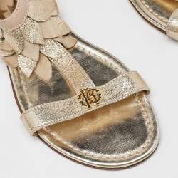 Pre Owned Roberto Cavalli Beige/Gold Leather T-Strap Ankle Cuff Flat Sandals Size 40