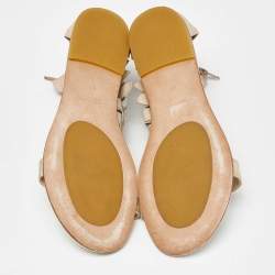 Pre Owned Roberto Cavalli Beige/Gold Leather T-Strap Ankle Cuff Flat Sandals Size 40