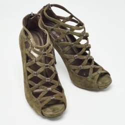 Pre Owned Roberto Cavalli Green Suede Strappy  Pumps Size 38.5