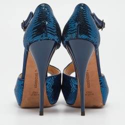 Roberto Cavalli Blue Sequins T-Strap Open Toe Platform Ankle Strap Sandals Size 37