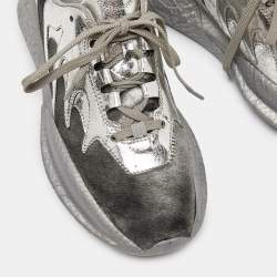 Pre Owned Roberto Cavalli Silver Calfhair and Laminated Leather V1per Lace Up Sneakers Size 40
