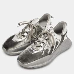 Pre Owned Roberto Cavalli Silver Calfhair and Laminated Leather V1per Lace Up Sneakers Size 40