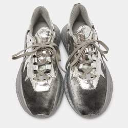 Pre Owned Roberto Cavalli Silver Calfhair and Laminated Leather V1per Lace Up Sneakers Size 40