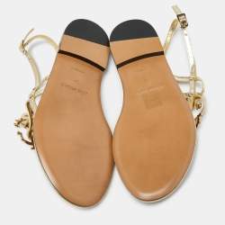 Pre Owned Roberto Cavalli Gold Laminated Leather Thong Ankle Strap Flat Sandals Size 36