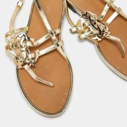 Pre Owned Roberto Cavalli Gold Laminated Leather Thong Ankle Strap Flat Sandals Size 36
