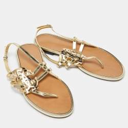 Pre Owned Roberto Cavalli Gold Laminated Leather Thong Ankle Strap Flat Sandals Size 36