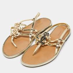 Pre Owned Roberto Cavalli Gold Laminated Leather Thong Ankle Strap Flat Sandals Size 36