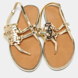 Pre Owned Roberto Cavalli Gold Laminated Leather Thong Ankle Strap Flat Sandals Size 36