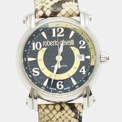 Pre Owned Roberto Cavalli Anniversary R7221172025 Dark Brown Stainless Steel Python Leather Unisex Wristwatch 43 mm