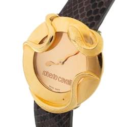 Pre Owned Roberto Cavalli Rose Gold Plated Stainless Steel Python Leather Snake R7251165917 Women's Wristwatch 37 mm