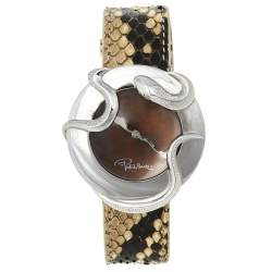 Pre Owned Roberto Cavalli Brown Stainless Steel Python Leather Snake SWL010 Women's Wristwatch 37 mm