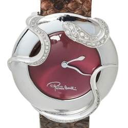 Pre Owned Roberto Cavalli Maroon Stainless Steel Diamonds Snake 7251165523 Women's Wristwatch 38 mm