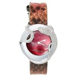 Pre Owned Roberto Cavalli Maroon Stainless Steel Diamonds Snake 7251165523 Women's Wristwatch 38 mm