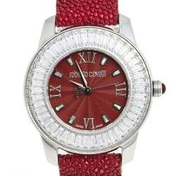 Pre Owned Roberto Cavalli Burgundy Stainless Steel Stingray Crystal Fugit R7251147585 Women's Wristwatch 37 mm