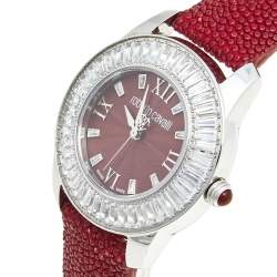 Pre Owned Roberto Cavalli Burgundy Stainless Steel Stingray Crystal Fugit R7251147585 Women's Wristwatch 37 mm