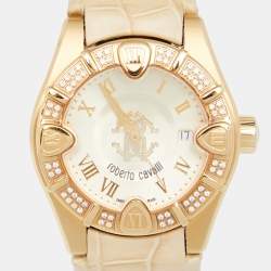 Pre Owned ساعة يد نسائية روبرتو كافالي R7251116545 ألماس وجلد تمساح ستانلس ستيل ذهب أصفر شامبين 38 مم