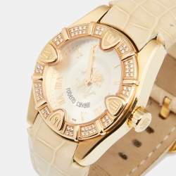 Pre Owned ساعة يد نسائية روبرتو كافالي R7251116545 ألماس وجلد تمساح ستانلس ستيل ذهب أصفر شامبين 38 مم