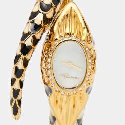Pre Owned Roberto Cavalli White Mother Of Pearl Gold Plated Stainless Steel Enamel Snake R7253112545 Women's Wristwatch 22 mm