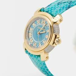 Pre Owned Roberto Cavalli Blue Gold Plated Stainless Steel Leather By Franck Muller 1L006 Women's Wristwatch 35 mm