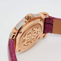 Pre Owned Roberto Cavalli Silver Rose Gold Plated Stainless Steel Leather By Franck Muller 1L008 Women's Wristwatch 35 mm
