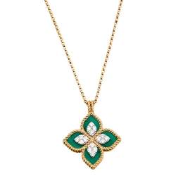 Pre Owned Roberto Coin Princess Flower Malachite Diamond 18k Rose Gold Pendant Necklace
