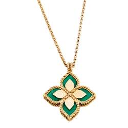 Pre Owned Roberto Coin Princess Flower Malachite Diamond 18k Rose Gold Pendant Necklace