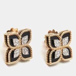 Pre Owned Roberto Coin Princess Flower Diamonds Black Jade 18k Rose Gold Earrings