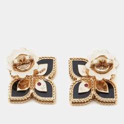 Pre Owned Roberto Coin Princess Flower Diamonds Black Jade 18k Rose Gold Earrings