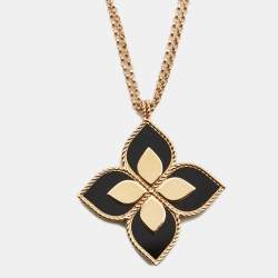 Pre Owned Roberto Coin Princess Flower Black Jade Diamonds 18k Rose Gold Large Model Pendant Necklace