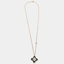 Pre Owned Roberto Coin Princess Flower Black Jade Diamonds 18k Rose Gold Large Model Pendant Necklace