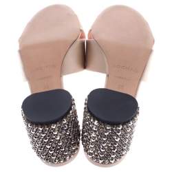 Rochas Beige Satin Cross Strap Crystal Embellished Block Heel Sandals Size 38