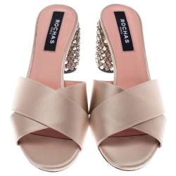 Rochas Beige Satin Cross Strap Crystal Embellished Block Heel Sandals Size 38
