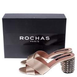 Rochas Beige Satin Cross Strap Crystal Embellished Block Heel Sandals Size 38