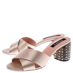 Rochas Beige Satin Cross Strap Crystal Embellished Block Heel Sandals Size 38