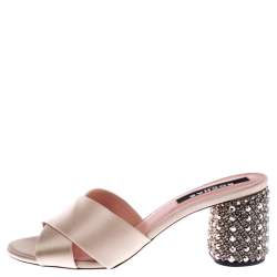 Rochas Beige Satin Cross Strap Crystal Embellished Block Heel Sandals Size 38