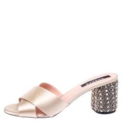Rochas Gold Criss Cross Satin Heel Embellished Sandals Size 40